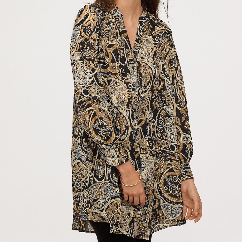New HM V-neck Tunic/Short Dress Patterned Black, Size 8, 12